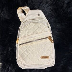 White Quilted Sling Bag with Gold Accents